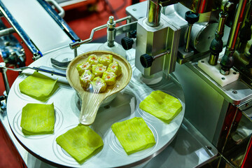 Automatic dumplings production line on conveyor belt equipment machinery in factory, industrial food production.