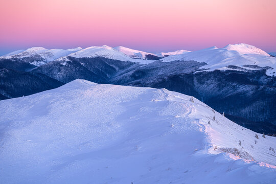 Winter landscape of the Bieszczady Mountains, Poland. A view of the High Bieszczady from the Polonina Carynska.