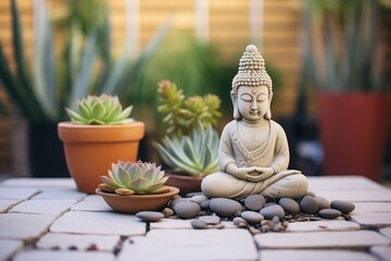 morning meditation on patio with smooth stones and succulents