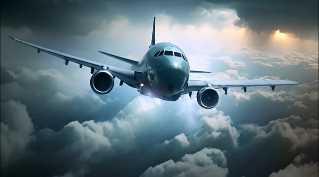 Passenger air plane approaching turbulent thunderstorm lightning