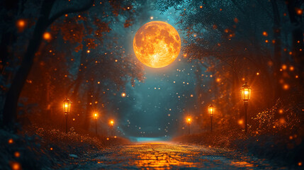 Mystical Moonlit Night accompanied by a Golden Glowing Lantern Background 