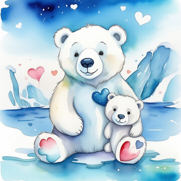 Watercolor polar bear mother with little cub. Two white cute bears together lovely family picture on the snowy Arctic background. Useful for cards and greetings.