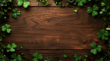Lush green shamrocks bordering a rich wooden texture. St. Patrick's Day background.