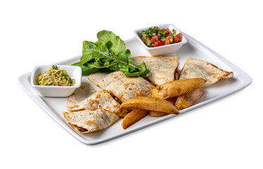 Mexican quesadilla with meat, salad and peppers on white background