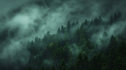 Top down view of a Moody forest landscape with fog and mist in the night