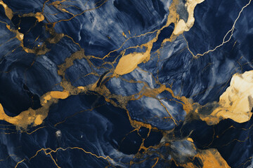 Dark blue and gold marble pattern. texture with gold splashes. Deep blue luxury background. Abstract pattern, website banner. Generative AI