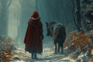 Illustration of red hood and wolf tale in forest
