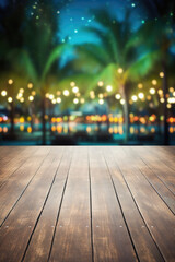 Wooden table pool bokeh background, empty wood desk product display mockup with blurry tropical hotel resort abstract poolside summer travel backdrop advertising presentation. Mock up, copy space .