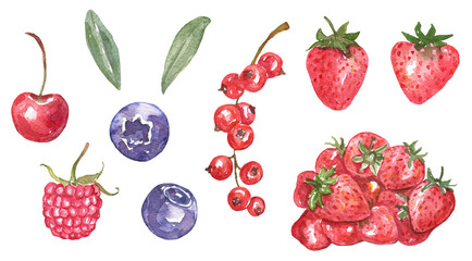 Watercolor berries set. Isolated garden fruit objects on a transparent background. Hand-painted strawberries, blueberries, and redcurrant illustration.