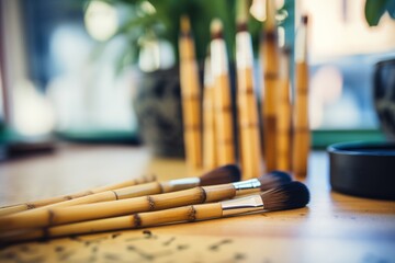 close-up of bamboo makeup brushes