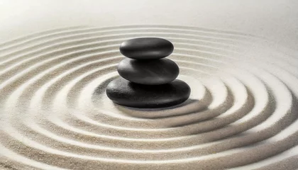 Papier peint photo Beige Zen Garden. Three smooth black stones balanced on concentric circles of white sand. Zen or Feng Shui concept. Generative Ai.  © Alberto Masnovo