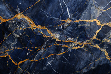 Dark blue and gold marble pattern. texture with gold splashes. Deep blue luxury background. Abstract pattern, website banner. Generative AI