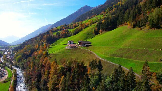 St. Leonhard in Passeier - South Tyrol - Italy - Flight aerial view in the Passeier Valley over the mountain river Passer with a view towards Meran