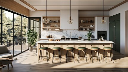 Fototapeta na wymiar stylish luxury kitchen interior in an ultra-modern spacious apartment in dark colors with super cool led lighting and an island for cooking and a dining table area