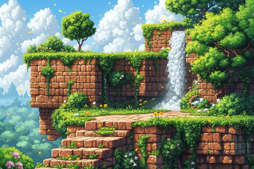 illustration of world of 8 bit video game - 725410275