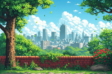 illustration of world of 8 bit video game - 725410293