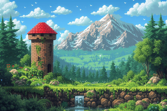 illustration of world of 8 bit video game