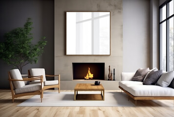 A classic living room with concrete walls, wooden floors, a cozy white couch, and an inviting empty picture frame hanging gracefully above the fireplace. Made with generative AI technology