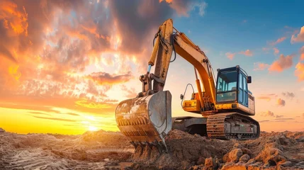 Poster Excavator in construction site on sunset sky background © Sasint