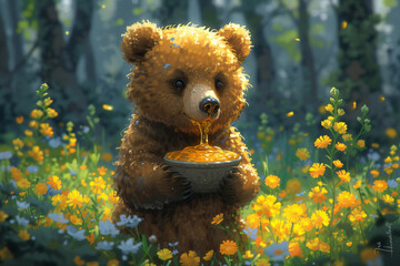 Illustration of cute little bear with pot of honey