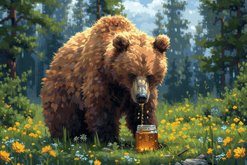 Fototapeta premium Illustration of cute little bear with pot of honey