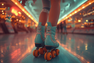 Close-up view on foots in rolls on roller rink - 725410843