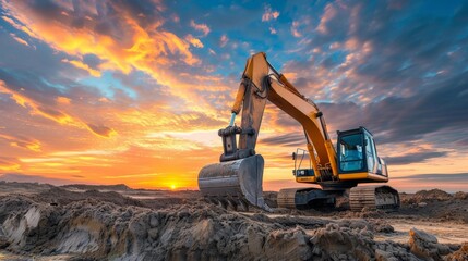 Excavator in construction site on sunset sky background