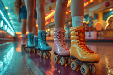 Close-up view on foots in rolls on roller rink - 725410864