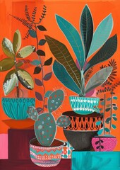 Obraz premium Plants in containers, in the style of mid-century illustration, bold orange and teal, layered and textured mixed media pieces, AI generated