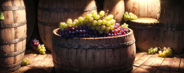 Wine barrels in a vineyard and cellar surrounded by a variety of fresh, ripe grapes, creating a colorful and healthy display