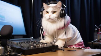 Cute cat in stylish attire: podcast producer in a recording studio for asmr creations