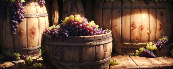 Wine barrels in a vineyard and cellar surrounded by a variety of fresh, ripe grapes, creating a colorful and healthy display