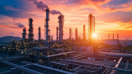 Factory of oil and gas refinery industrial plant with sunrise sky background, petrochemical industry, Smoke stacks of power plant