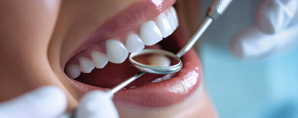 Woman Getting Teeth Checked by Dentist - obrazy, fototapety, plakaty