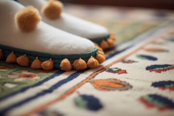 closeup of slippers with pompoms on a luxury fabric mat - obrazy, fototapety, plakaty