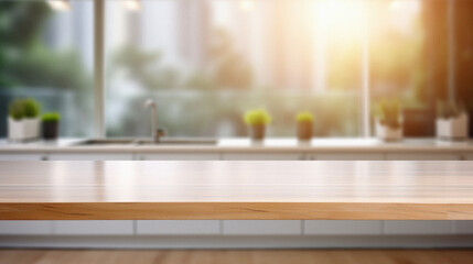 Wooden kitchen home table bokeh background, empty wood desk tabletop food counter surface product display mockup with blurry cafe abstract backdrop advertising presentation. Mock up, copy space .