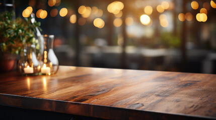 Wooden home table bokeh background, empty wood desk cafe tabletop surface product display mockup with blurry living room or city abstract backdrop advertising presentation. Mock up, copy space . - obrazy, fototapety, plakaty
