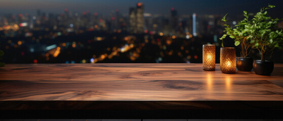 Wooden table bokeh city view background, empty wood desk tabletop counter surface product display mockup with blurry cityscape lights abstract backdrop presentation. Mock up, copy space . - obrazy, fototapety, plakaty