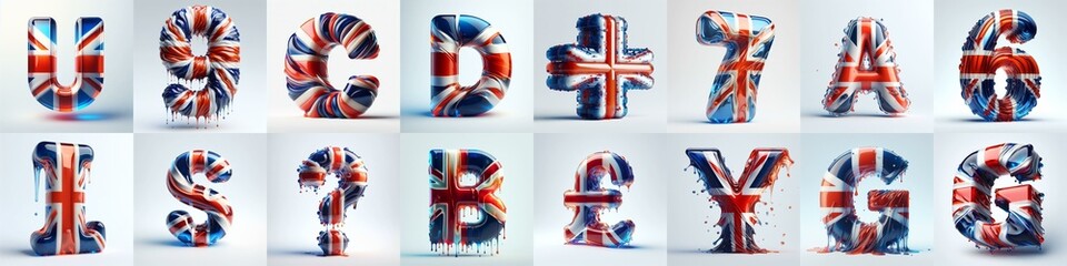 Glasss letters in color of United Kingdom flag. AI generated illustration
