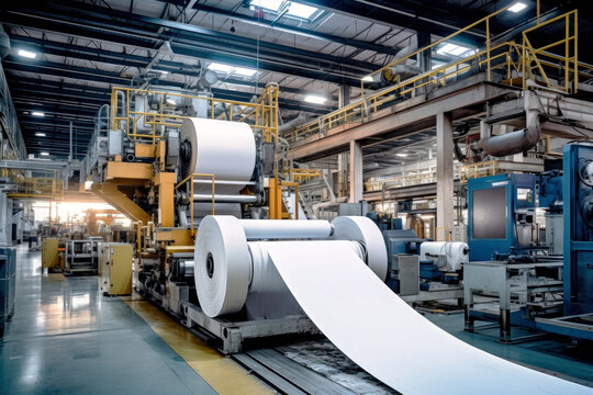 Modern paper production plant. Close-up of industrial equipment. Coated paper and cardboard.