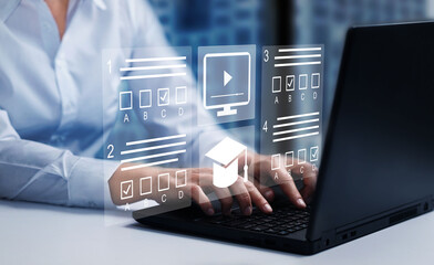  E-learning, education, online exam concept.Choose correct answer. Education internet online...