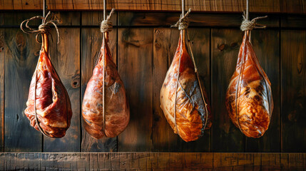 Rustic Wooden Wall With Meat Hanging on Rope