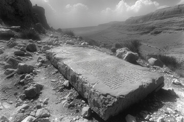 The Ten Commandments: Etched in divine light, the sacred commandments bestowed upon Moses atop Mount Sinai, shaping the moral compass of humanity - obrazy, fototapety, plakaty