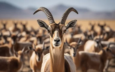 Fotobehang A male antelope with distinctive long horns,close up © Dina