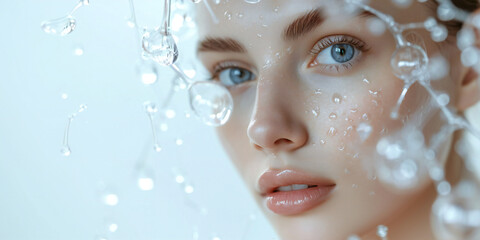 A beautiful woman with blue eyes portrait blue tones hydrating serum molecules structure and flying water droplets on the face, light background. Skincare and beauty concept.
