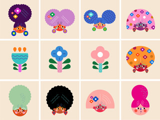 Set of various women characters. Vector bright colourful collection with women's faces for holiday Women's day. Characters design for 8th march, women's day.