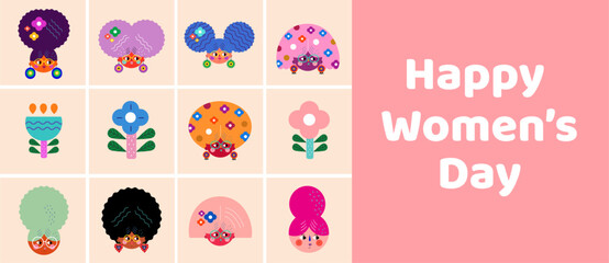 Set of various women characters. Vector bright colourful collection with women's faces for holiday Women's day. Characters design for 8th march, women's day.