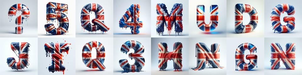 Glasss letters in color of United Kingdom flag. AI generated illustration