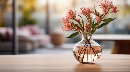 Wooden home table bokeh background, empty wood desk cafe tabletop surface product display mockup with blurry living room or city abstract backdrop advertising presentation. Mock up, copy space .