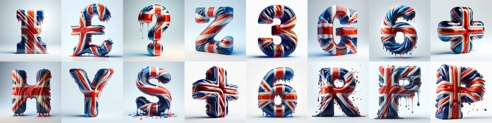 Glasss letters in color of United Kingdom flag. AI generated illustration